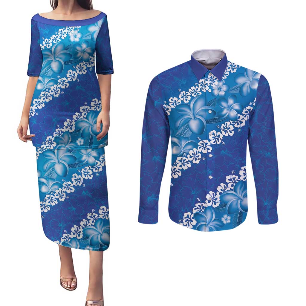 Vintage Blue Polynesia Couples Matching Puletasi and Long Sleeve Button Shirt Plumeria With Hibiscus Tropical Vibes