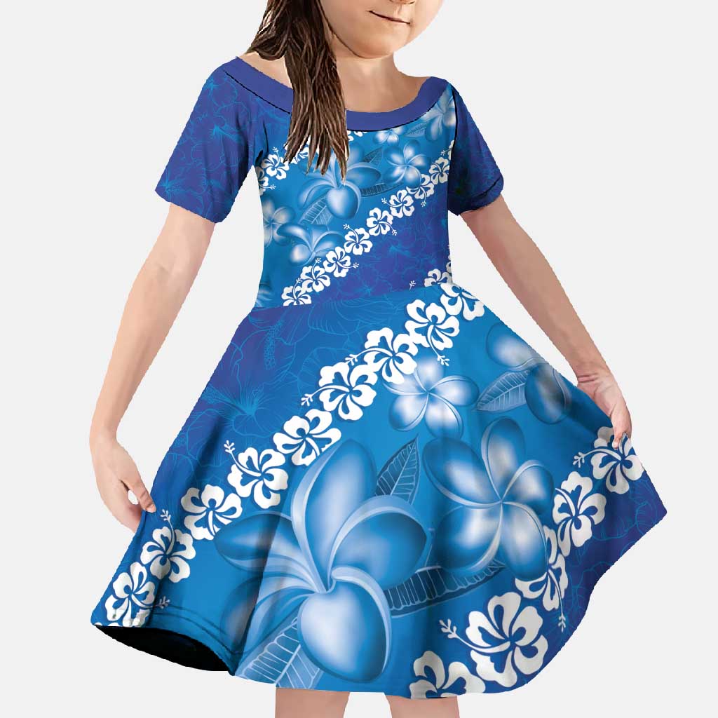 Vintage Blue Polynesia Family Matching Long Sleeve Bodycon Dress and Hawaiian Shirt Plumeria With Hibiscus Tropical Vibes LT14 Daughter's Dress Blue - Polynesian Pride