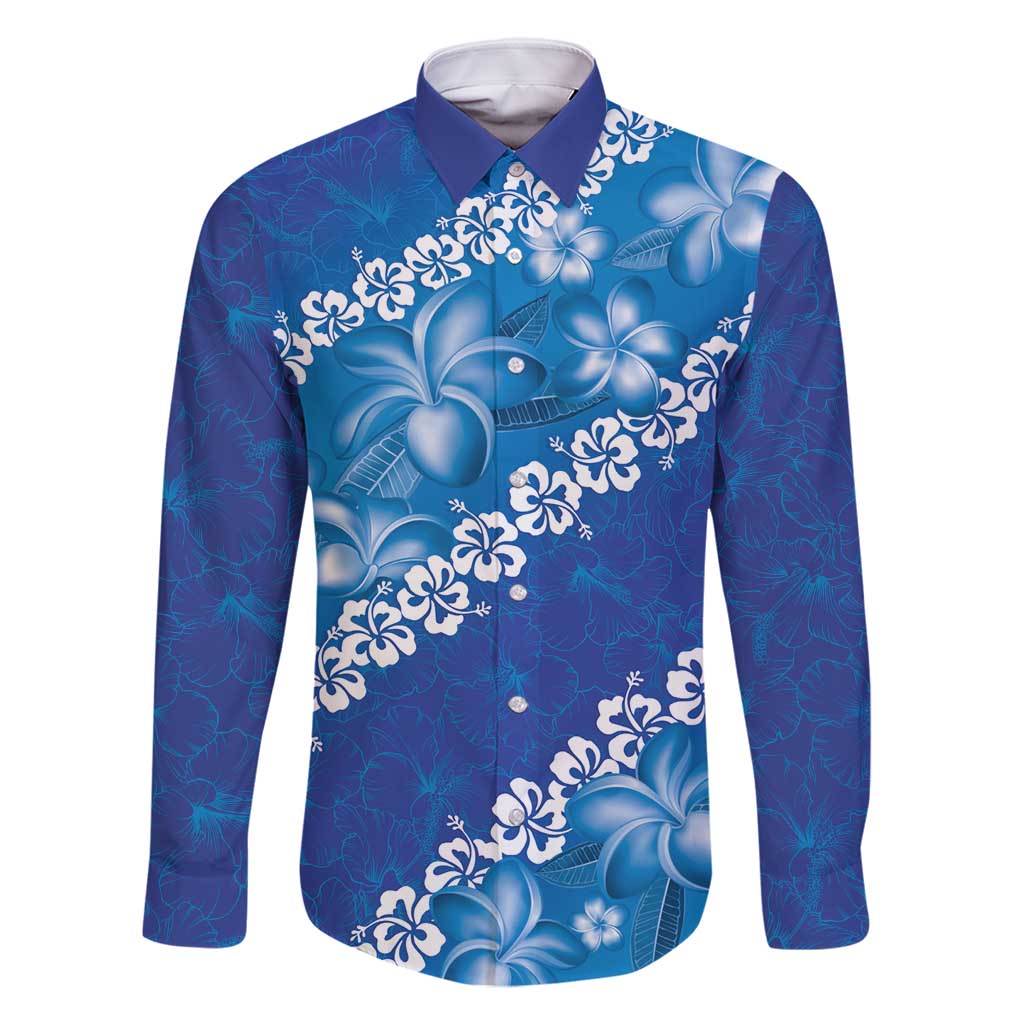 Vintage Blue Polynesia Family Matching Mermaid Dress and Hawaiian Shirt Plumeria With Hibiscus Tropical Vibes LT14 Dad's Shirt - Long Sleeve Blue - Polynesian Pride