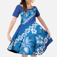 Vintage Blue Polynesia Family Matching Puletasi and Hawaiian Shirt Plumeria With Hibiscus Tropical Vibes LT14 Daughter's Dress Blue - Polynesian Pride