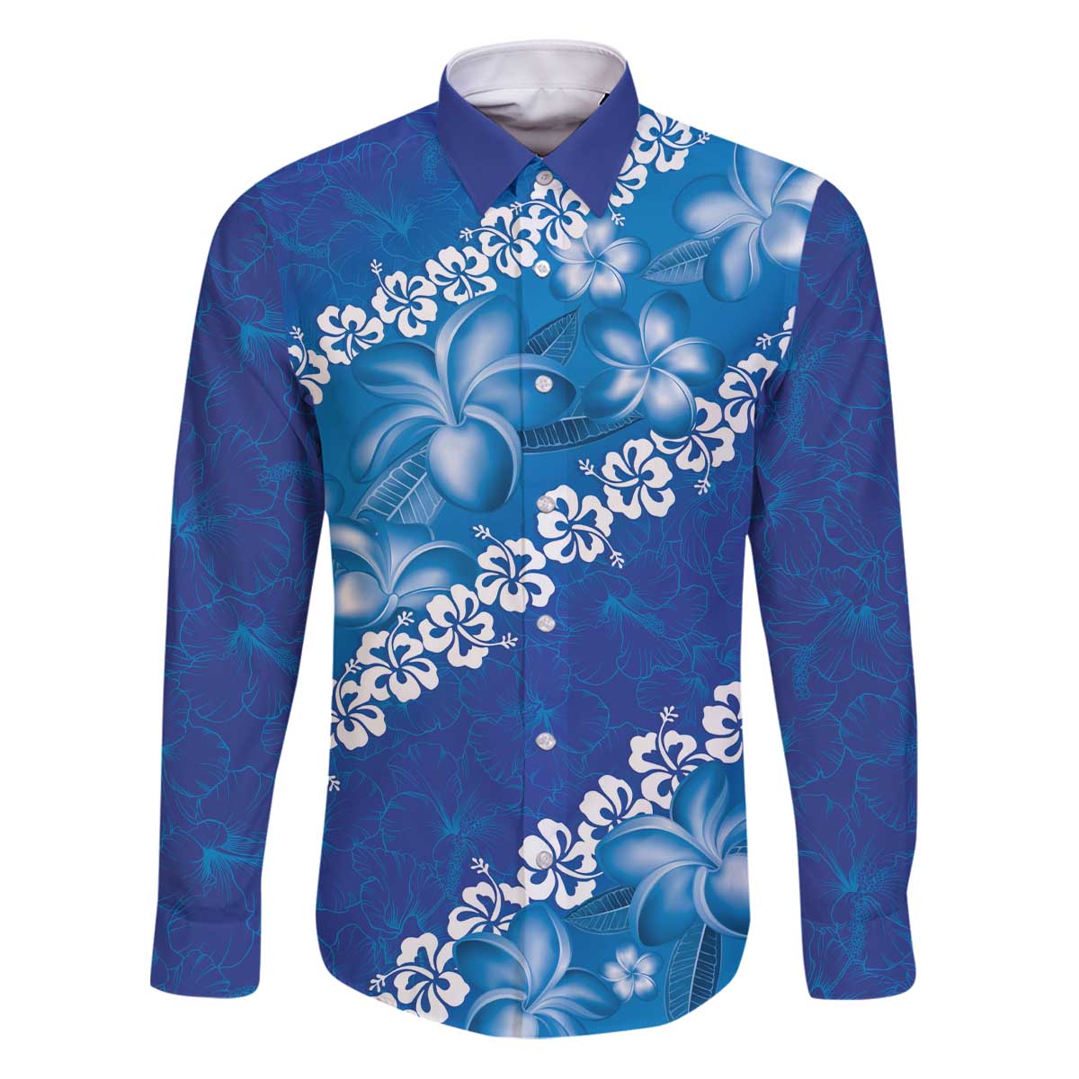 Vintage Blue Polynesia Family Matching Puletasi and Hawaiian Shirt Plumeria With Hibiscus Tropical Vibes LT14 Dad's Shirt - Long Sleeve Blue - Polynesian Pride
