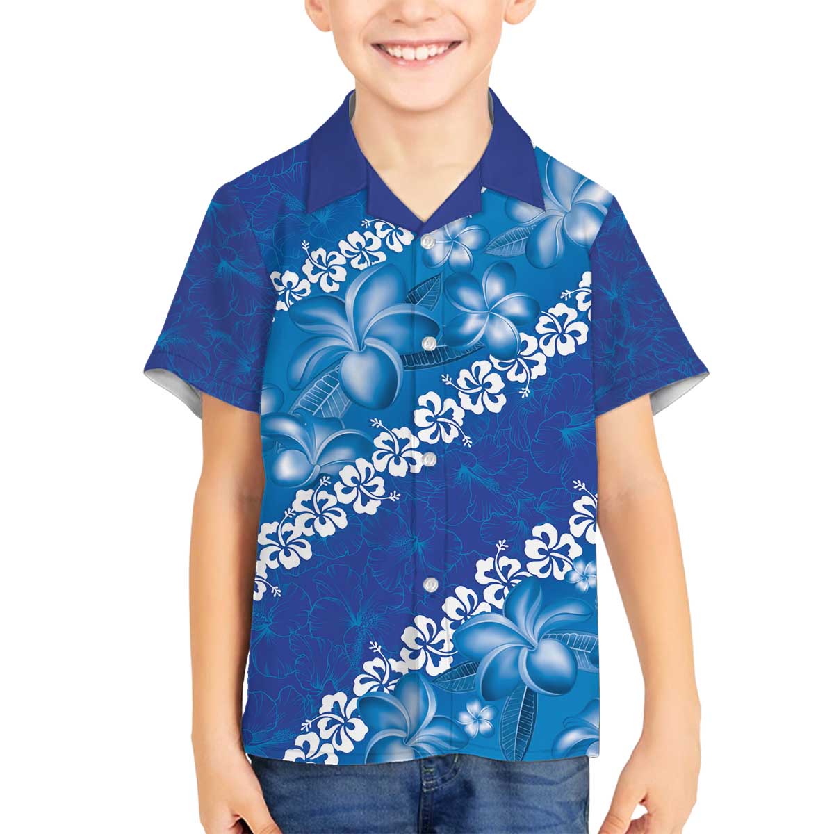 Vintage Blue Polynesia Family Matching Puletasi and Hawaiian Shirt Plumeria With Hibiscus Tropical Vibes LT14 Son's Shirt Blue - Polynesian Pride