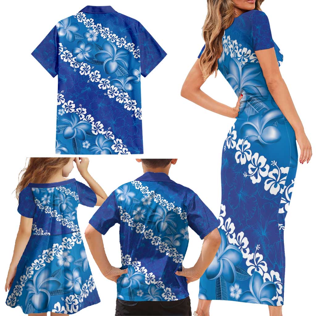 Vintage Blue Polynesia Family Matching Short Sleeve Bodycon Dress and Hawaiian Shirt Plumeria With Hibiscus Tropical Vibes LT14 - Polynesian Pride