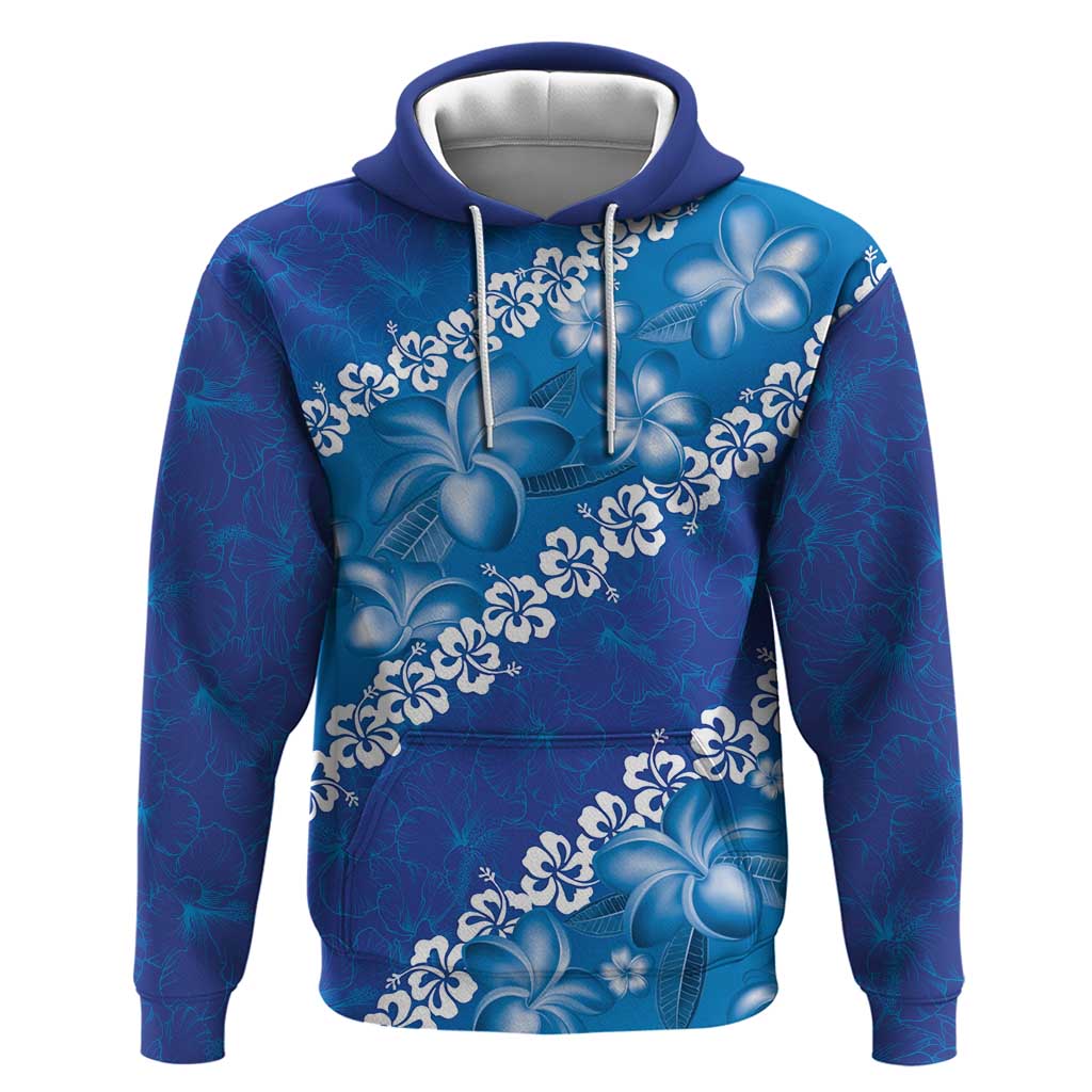 Vintage Blue Polynesia Hoodie Plumeria With Hibiscus Tropical Vibes