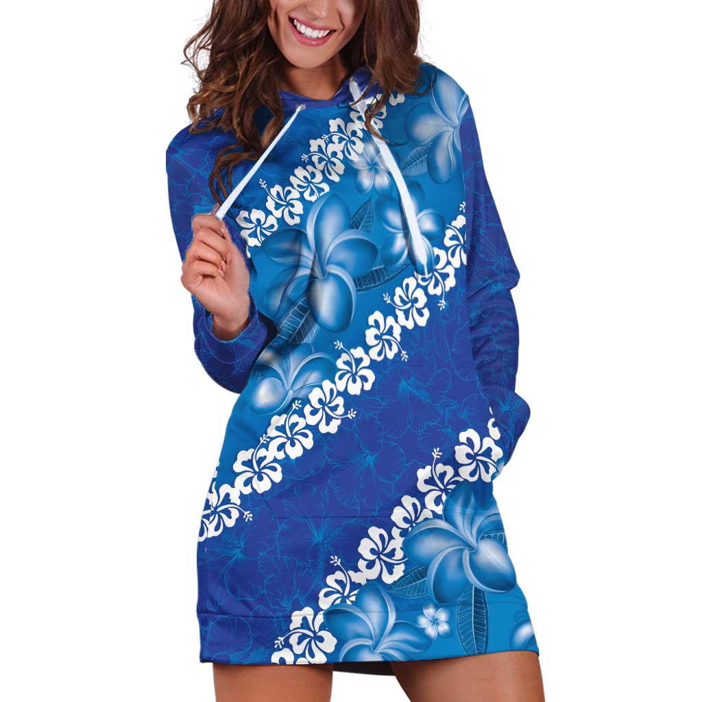 Vintage Blue Polynesia Hoodie Dress Plumeria With Hibiscus Tropical Vibes