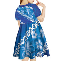 Vintage Blue Polynesia Kid Short Sleeve Dress Plumeria With Hibiscus Tropical Vibes