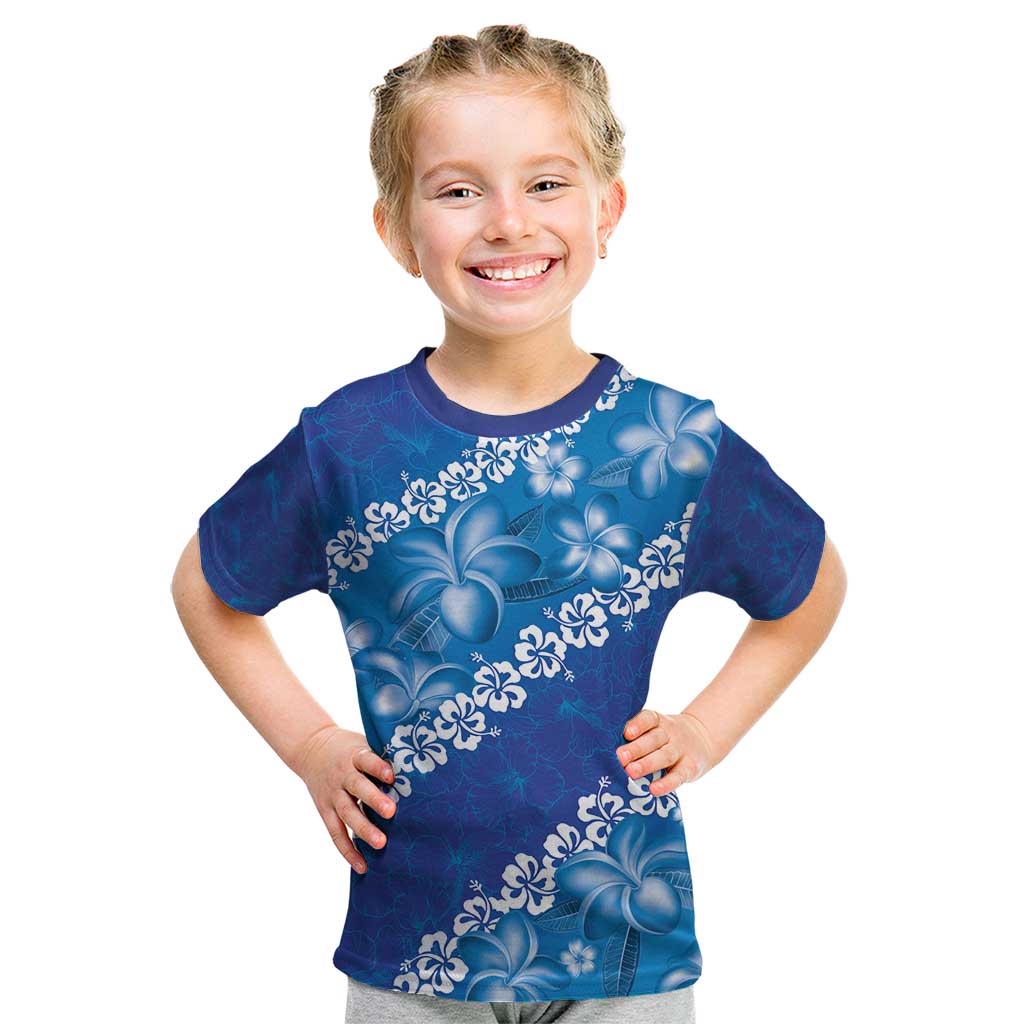 Vintage Blue Polynesia Kid T Shirt Plumeria With Hibiscus Tropical Vibes