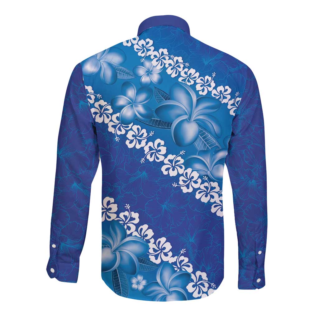 Vintage Blue Polynesia Long Sleeve Button Shirt Plumeria With Hibiscus Tropical Vibes