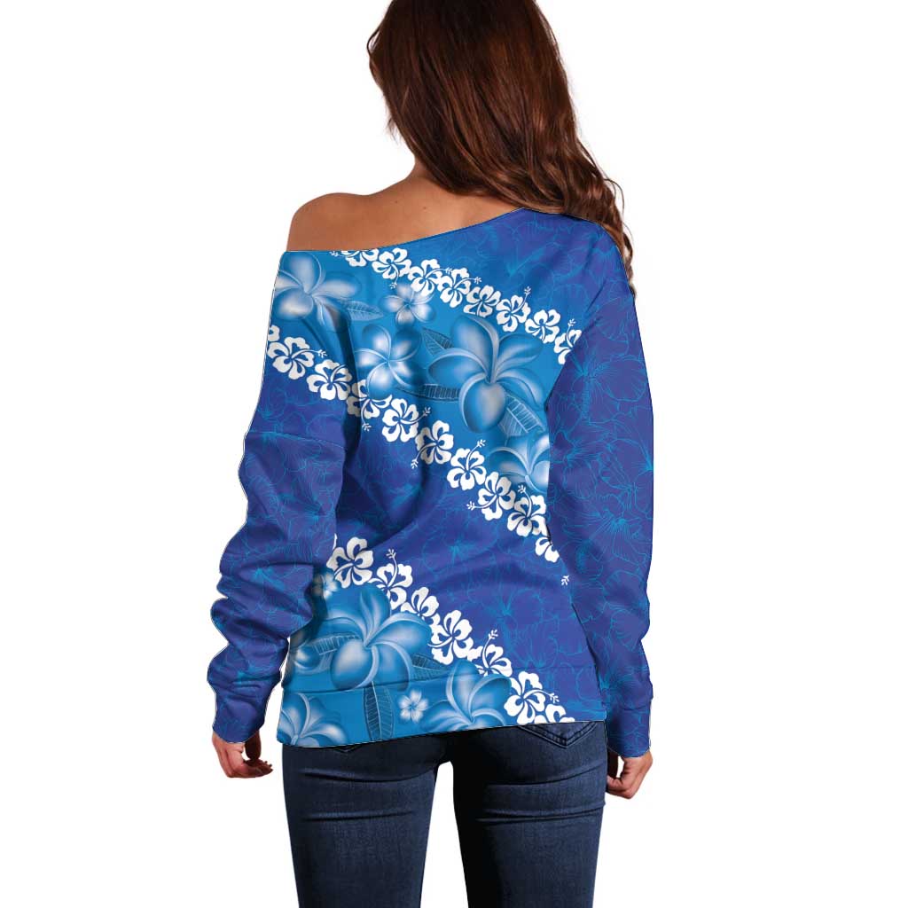 Vintage Blue Polynesia Off Shoulder Sweater Plumeria With Hibiscus Tropical Vibes