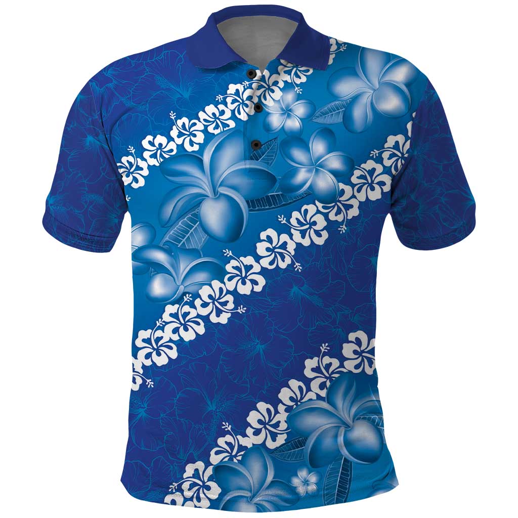 Vintage Blue Polynesia Polo Shirt Plumeria With Hibiscus Tropical Vibes