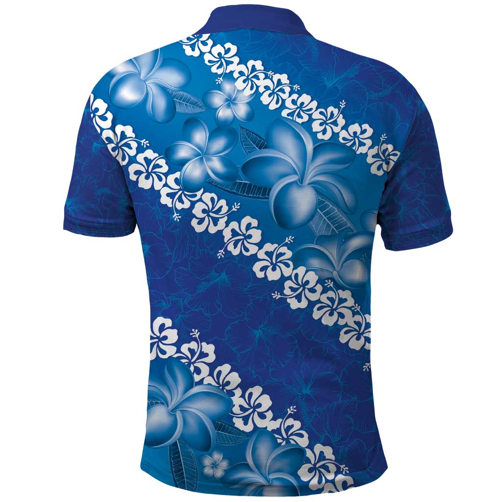 Vintage Blue Polynesia Polo Shirt Plumeria With Hibiscus Tropical Vibes