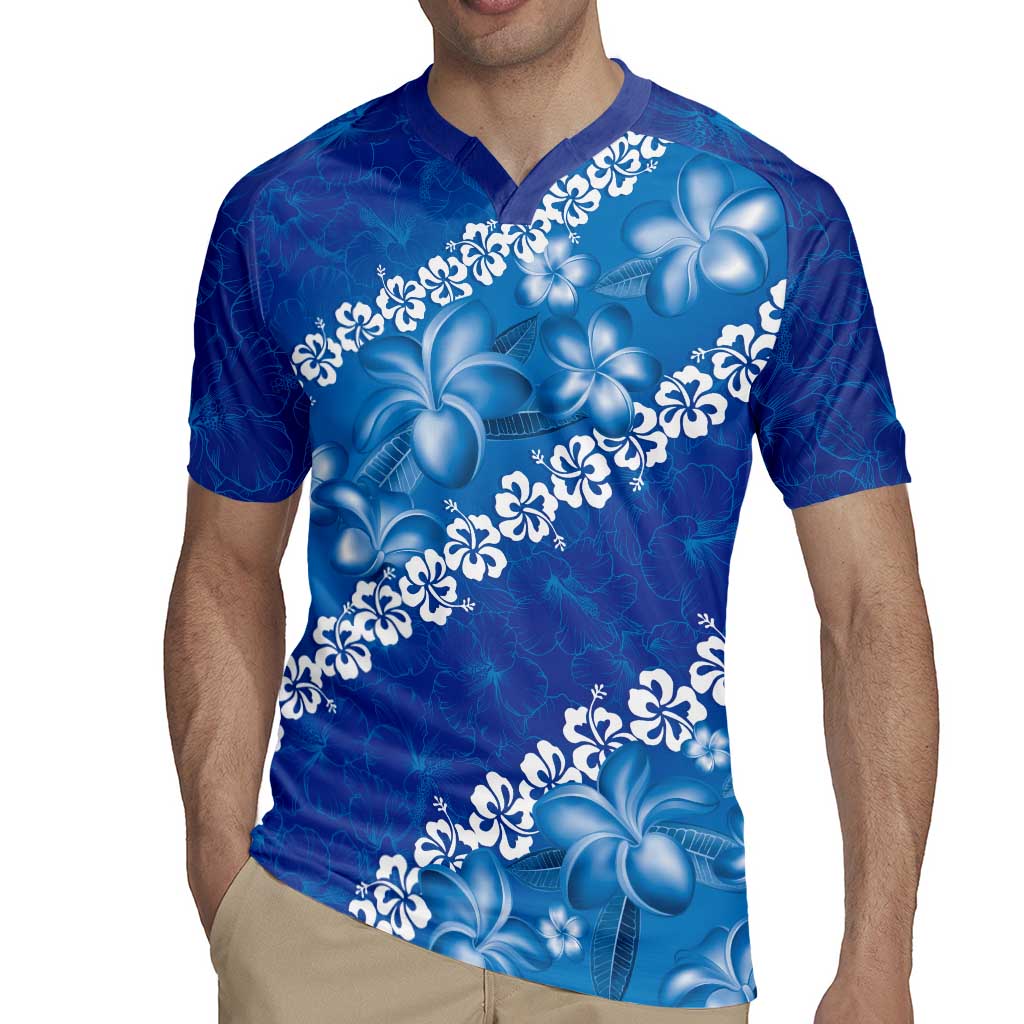 Vintage Blue Polynesia Rugby Jersey Plumeria With Hibiscus Tropical Vibes