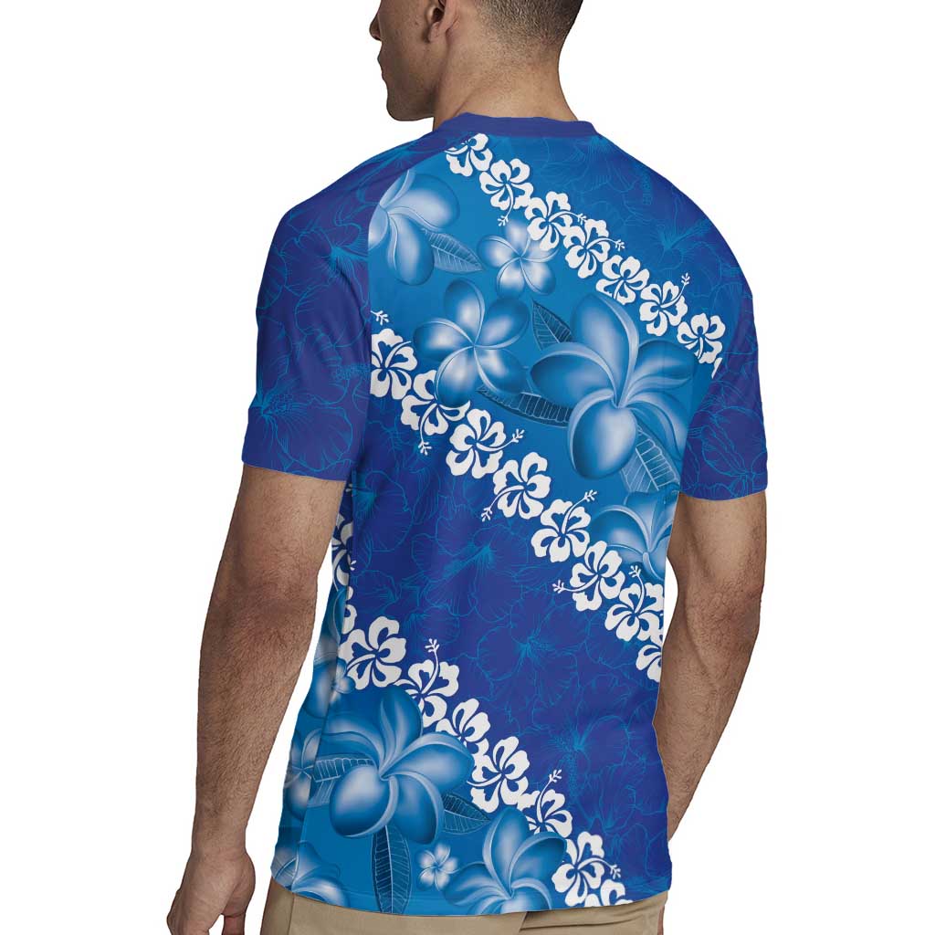 Vintage Blue Polynesia Rugby Jersey Plumeria With Hibiscus Tropical Vibes