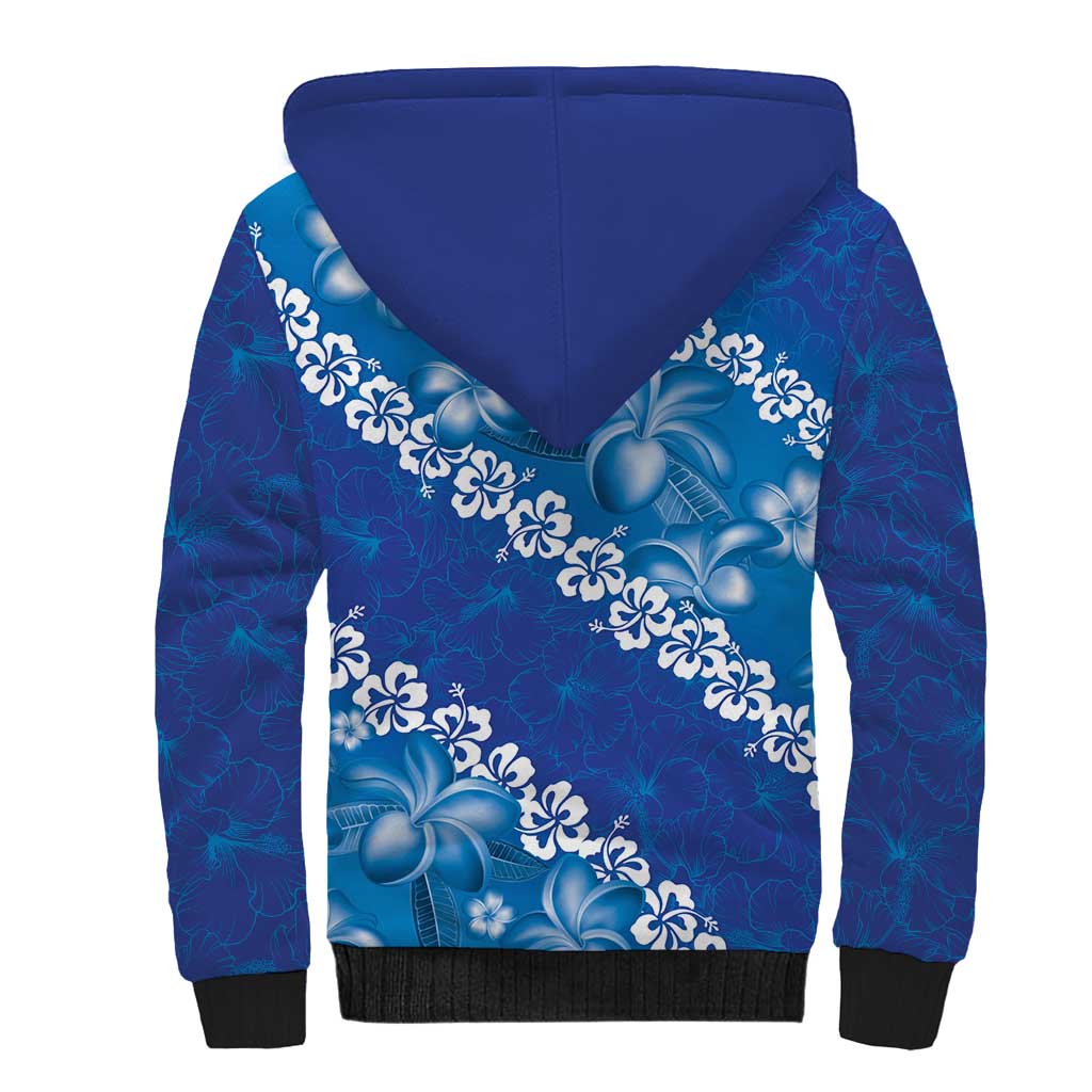 Vintage Blue Polynesia Sherpa Hoodie Plumeria With Hibiscus Tropical Vibes