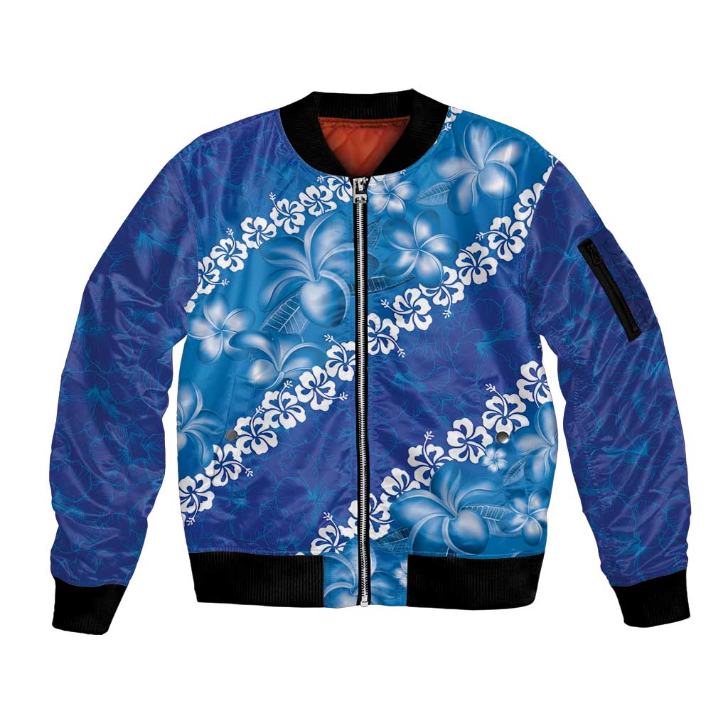 Vintage Blue Polynesia Sleeve Zip Bomber Jacket Plumeria With Hibiscus Tropical Vibes