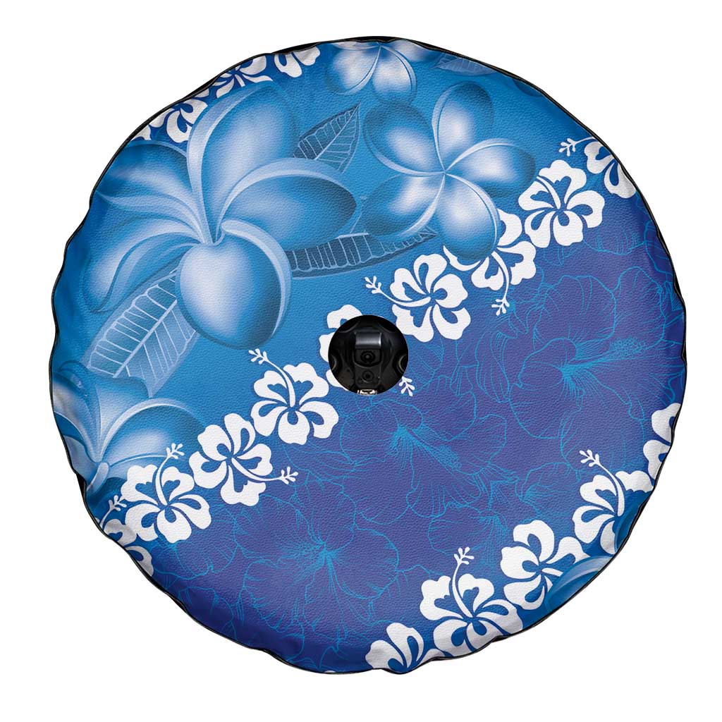Vintage Blue Polynesia Spare Tire Cover Plumeria With Hibiscus Tropical Vibes