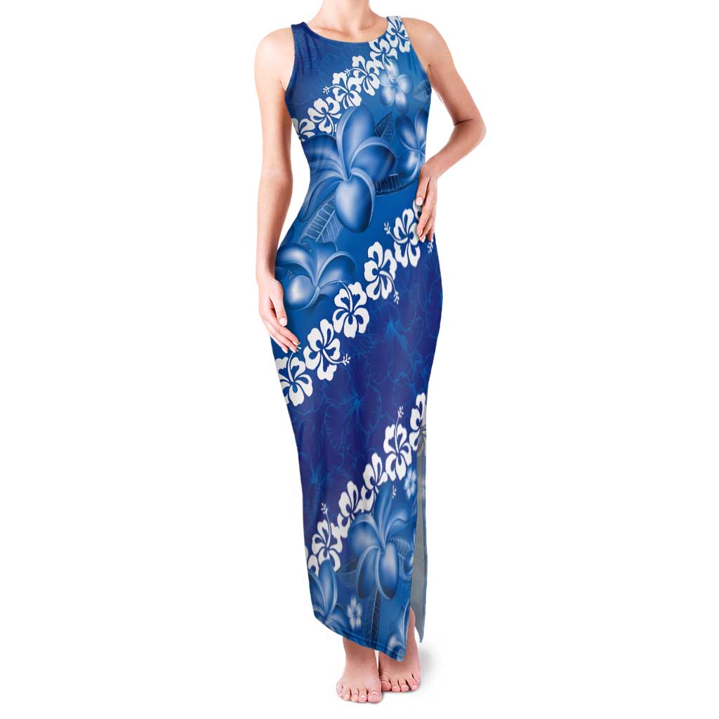 Vintage Blue Polynesia Tank Maxi Dress Plumeria With Hibiscus Tropical Vibes