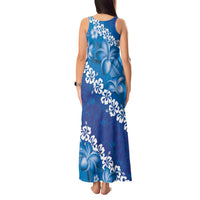 Vintage Blue Polynesia Tank Maxi Dress Plumeria With Hibiscus Tropical Vibes