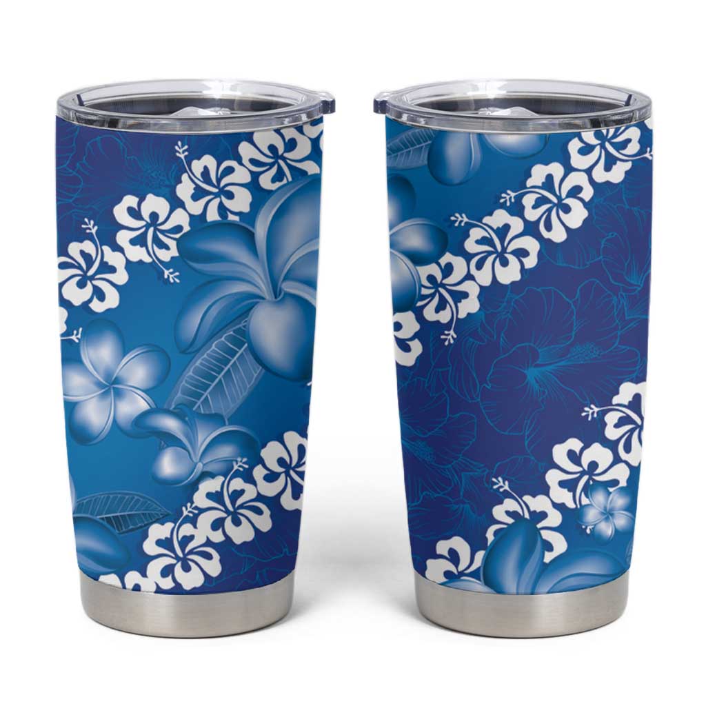 Vintage Blue Polynesia Tumbler Cup Plumeria With Hibiscus Tropical Vibes