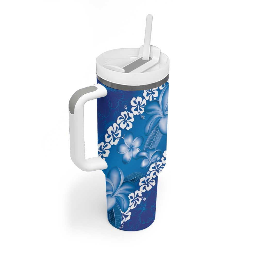 Vintage Blue Polynesia Tumbler With Handle Plumeria With Hibiscus Tropical Vibes