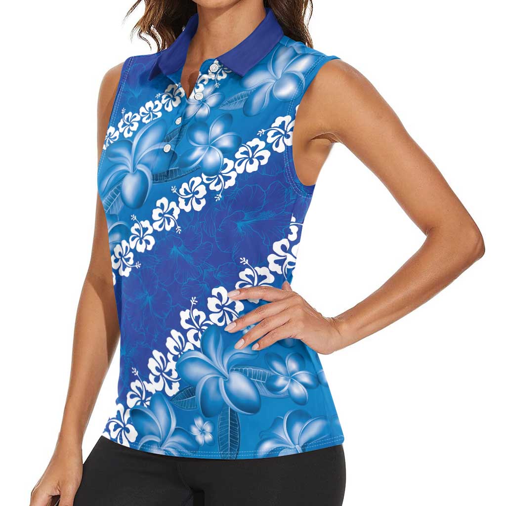 Vintage Blue Polynesia Women Sleeveless Polo Shirt Plumeria With Hibiscus Tropical Vibes