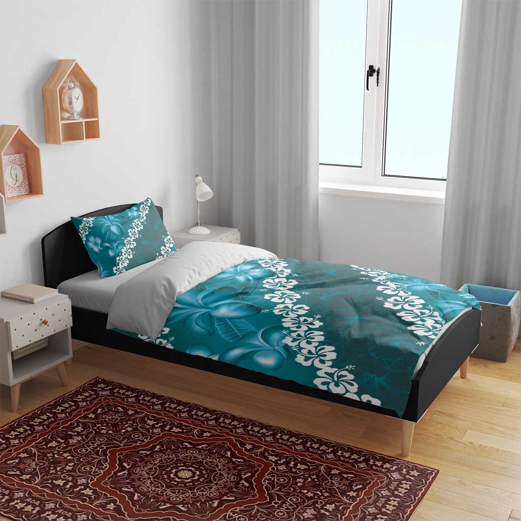 Vintage Dark Cyan Polynesia Bedding Set Plumeria With Hibiscus Tropical Vibes