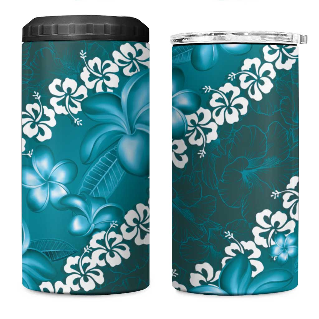 Vintage Dark Cyan Polynesia 4 in 1 Can Cooler Tumbler Plumeria With Hibiscus Tropical Vibes