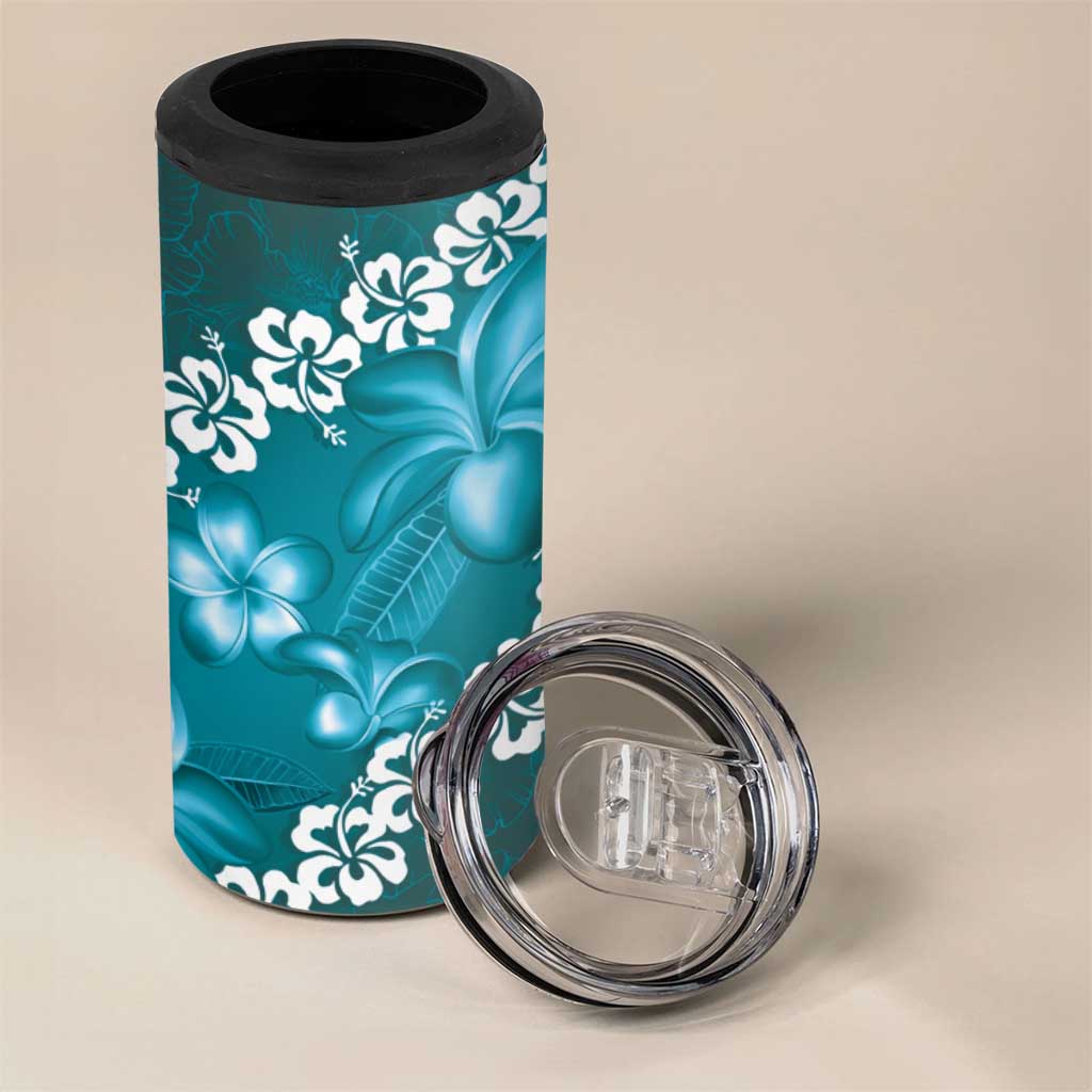 Vintage Dark Cyan Polynesia 4 in 1 Can Cooler Tumbler Plumeria With Hibiscus Tropical Vibes