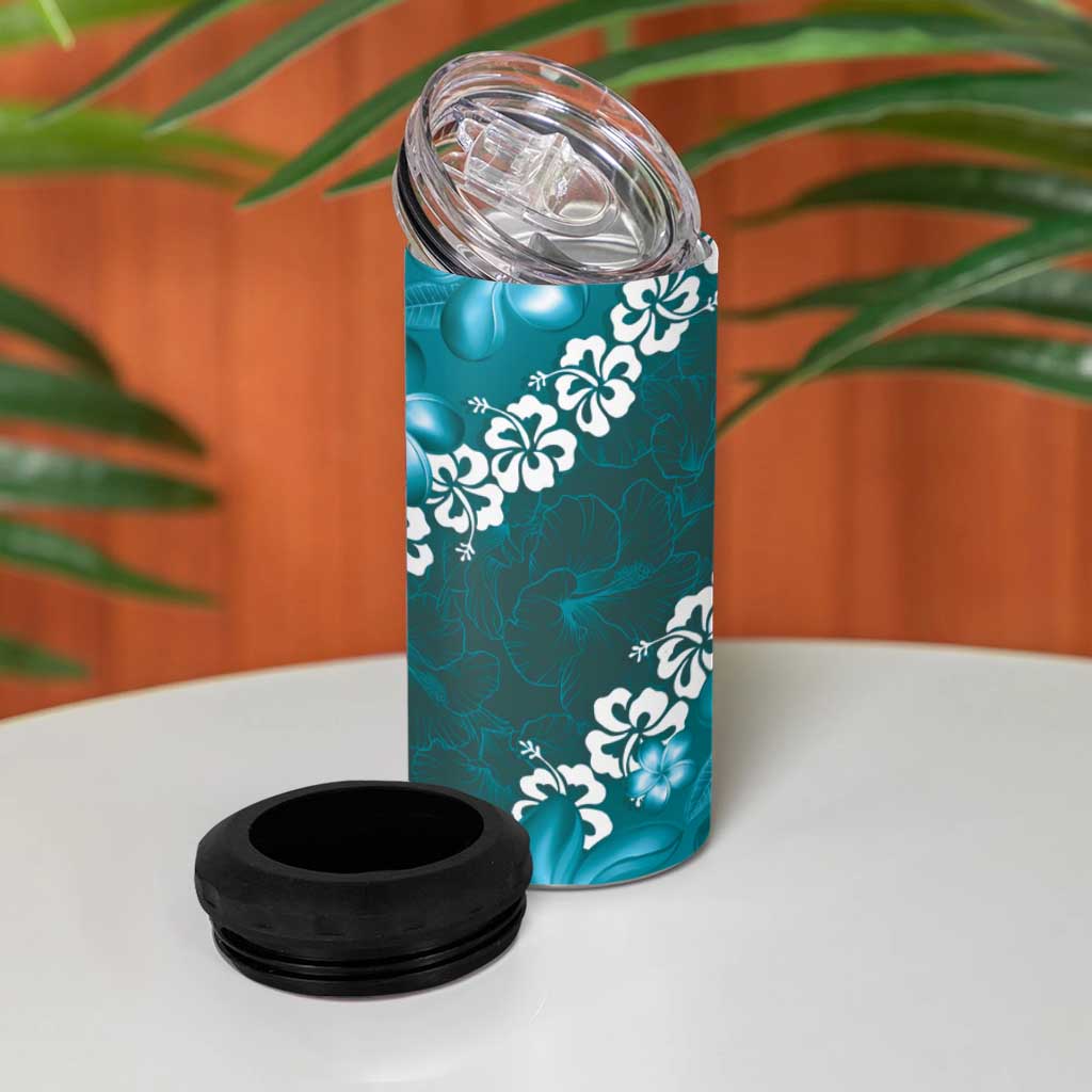 Vintage Dark Cyan Polynesia 4 in 1 Can Cooler Tumbler Plumeria With Hibiscus Tropical Vibes