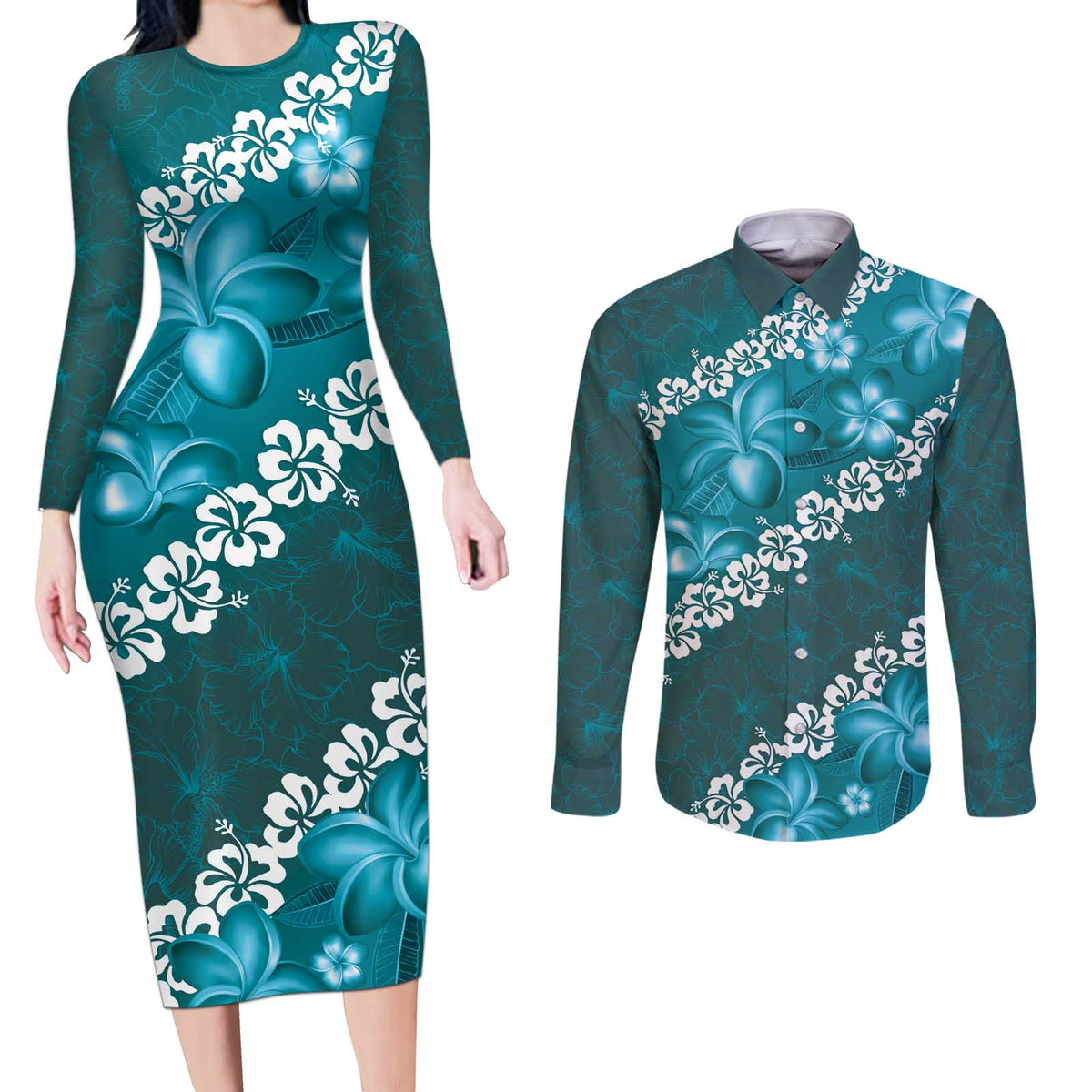 Vintage Dark Cyan Polynesia Couples Matching Long Sleeve Bodycon Dress and Long Sleeve Button Shirt Plumeria With Hibiscus Tropical Vibes LT14 Dark Cyan - Polynesian Pride