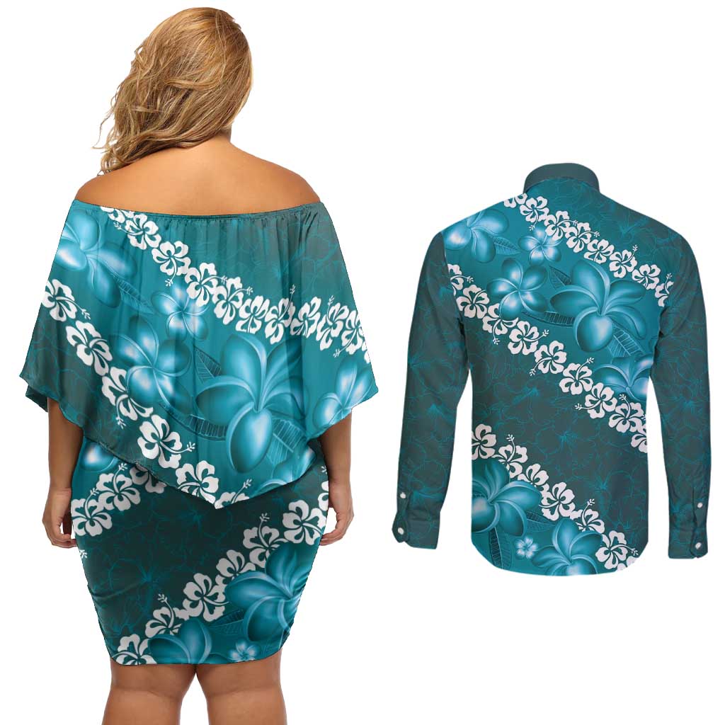 Vintage Dark Cyan Polynesia Couples Matching Off Shoulder Short Dress and Long Sleeve Button Shirt Plumeria With Hibiscus Tropical Vibes