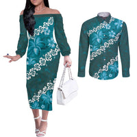 Vintage Dark Cyan Polynesia Couples Matching Off The Shoulder Long Sleeve Dress and Long Sleeve Button Shirt Plumeria With Hibiscus Tropical Vibes LT14 Dark Cyan - Polynesian Pride