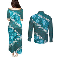 Vintage Dark Cyan Polynesia Couples Matching Puletasi and Long Sleeve Button Shirt Plumeria With Hibiscus Tropical Vibes