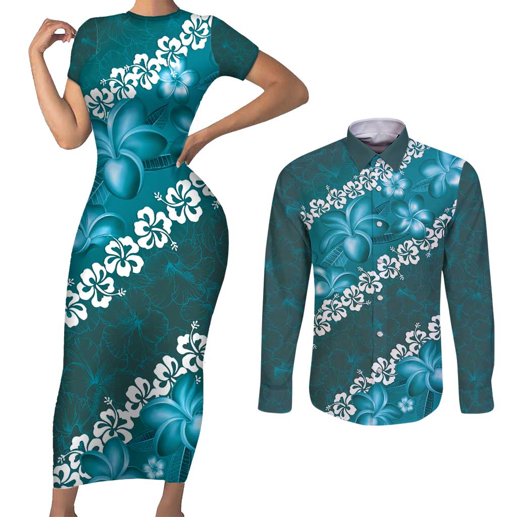 Vintage Dark Cyan Polynesia Couples Matching Short Sleeve Bodycon Dress and Long Sleeve Button Shirt Plumeria With Hibiscus Tropical Vibes