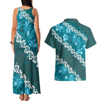Vintage Dark Cyan Polynesia Couples Matching Tank Maxi Dress and Hawaiian Shirt Plumeria With Hibiscus Tropical Vibes LT14 - Polynesian Pride