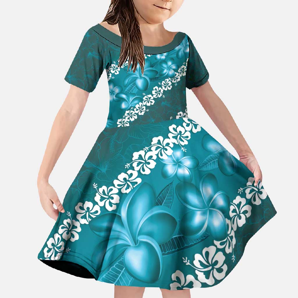 Vintage Dark Cyan Polynesia Family Matching Long Sleeve Bodycon Dress and Hawaiian Shirt Plumeria With Hibiscus Tropical Vibes LT14 Daughter's Dress Dark Cyan - Polynesian Pride