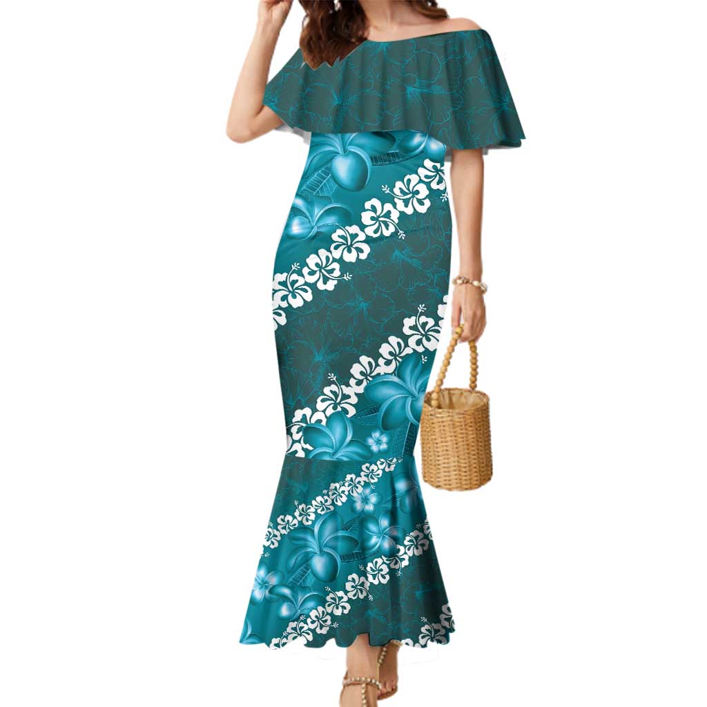 Vintage Dark Cyan Polynesia Family Matching Mermaid Dress and Hawaiian Shirt Plumeria With Hibiscus Tropical Vibes LT14 Mom's Dress Dark Cyan - Polynesian Pride