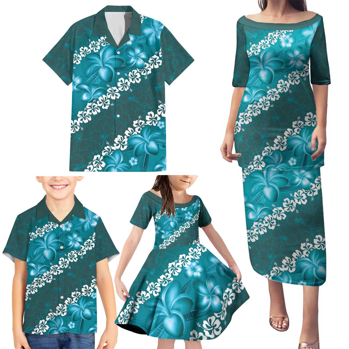 Vintage Dark Cyan Polynesia Family Matching Puletasi and Hawaiian Shirt Plumeria With Hibiscus Tropical Vibes LT14 - Polynesian Pride