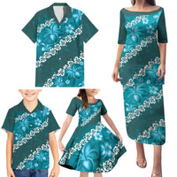 Vintage Dark Cyan Polynesia Family Matching Puletasi and Hawaiian Shirt Plumeria With Hibiscus Tropical Vibes LT14 - Polynesian Pride