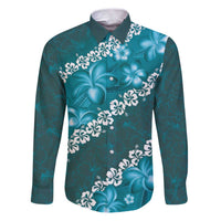 Vintage Dark Cyan Polynesia Family Matching Puletasi and Hawaiian Shirt Plumeria With Hibiscus Tropical Vibes LT14 Dad's Shirt - Long Sleeve Dark Cyan - Polynesian Pride