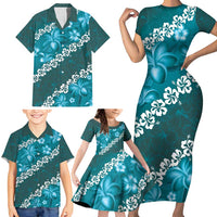 Vintage Dark Cyan Polynesia Family Matching Short Sleeve Bodycon Dress and Hawaiian Shirt Plumeria With Hibiscus Tropical Vibes LT14 - Polynesian Pride