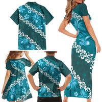 Vintage Dark Cyan Polynesia Family Matching Short Sleeve Bodycon Dress and Hawaiian Shirt Plumeria With Hibiscus Tropical Vibes LT14 - Polynesian Pride