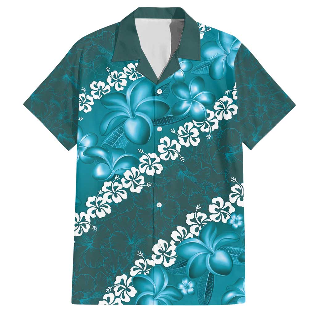 Vintage Dark Cyan Polynesia Family Matching Short Sleeve Bodycon Dress and Hawaiian Shirt Plumeria With Hibiscus Tropical Vibes LT14 Dad's Shirt - Short Sleeve Dark Cyan - Polynesian Pride