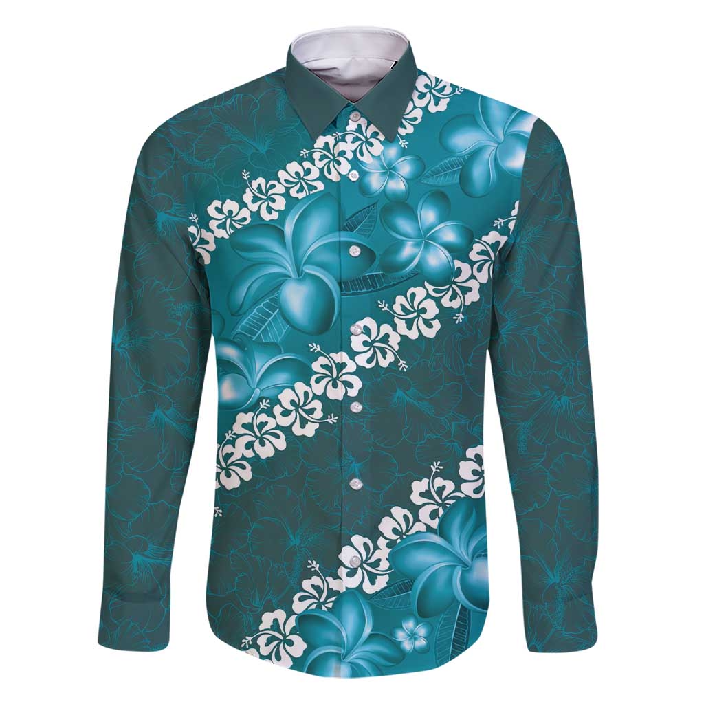 Vintage Dark Cyan Polynesia Family Matching Short Sleeve Bodycon Dress and Hawaiian Shirt Plumeria With Hibiscus Tropical Vibes LT14 Dad's Shirt - Long Sleeve Dark Cyan - Polynesian Pride