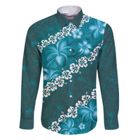 Vintage Dark Cyan Polynesia Family Matching Short Sleeve Bodycon Dress and Hawaiian Shirt Plumeria With Hibiscus Tropical Vibes LT14 Dad's Shirt - Long Sleeve Dark Cyan - Polynesian Pride