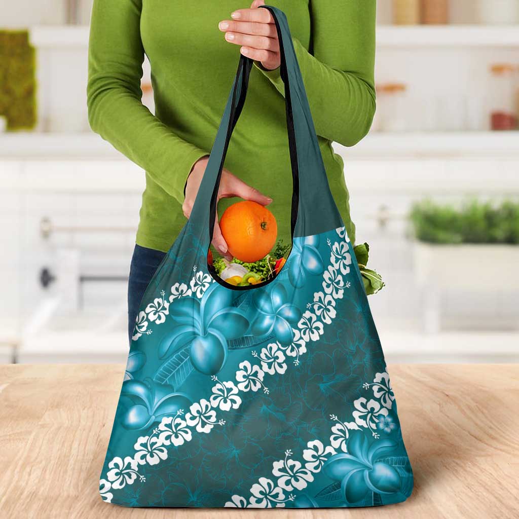 Vintage Dark Cyan Polynesia Grocery Bag Plumeria With Hibiscus Tropical Vibes