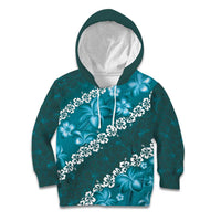 Vintage Dark Cyan Polynesia Kid Hoodie Plumeria With Hibiscus Tropical Vibes