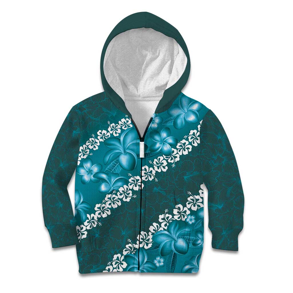 Vintage Dark Cyan Polynesia Kid Hoodie Plumeria With Hibiscus Tropical Vibes