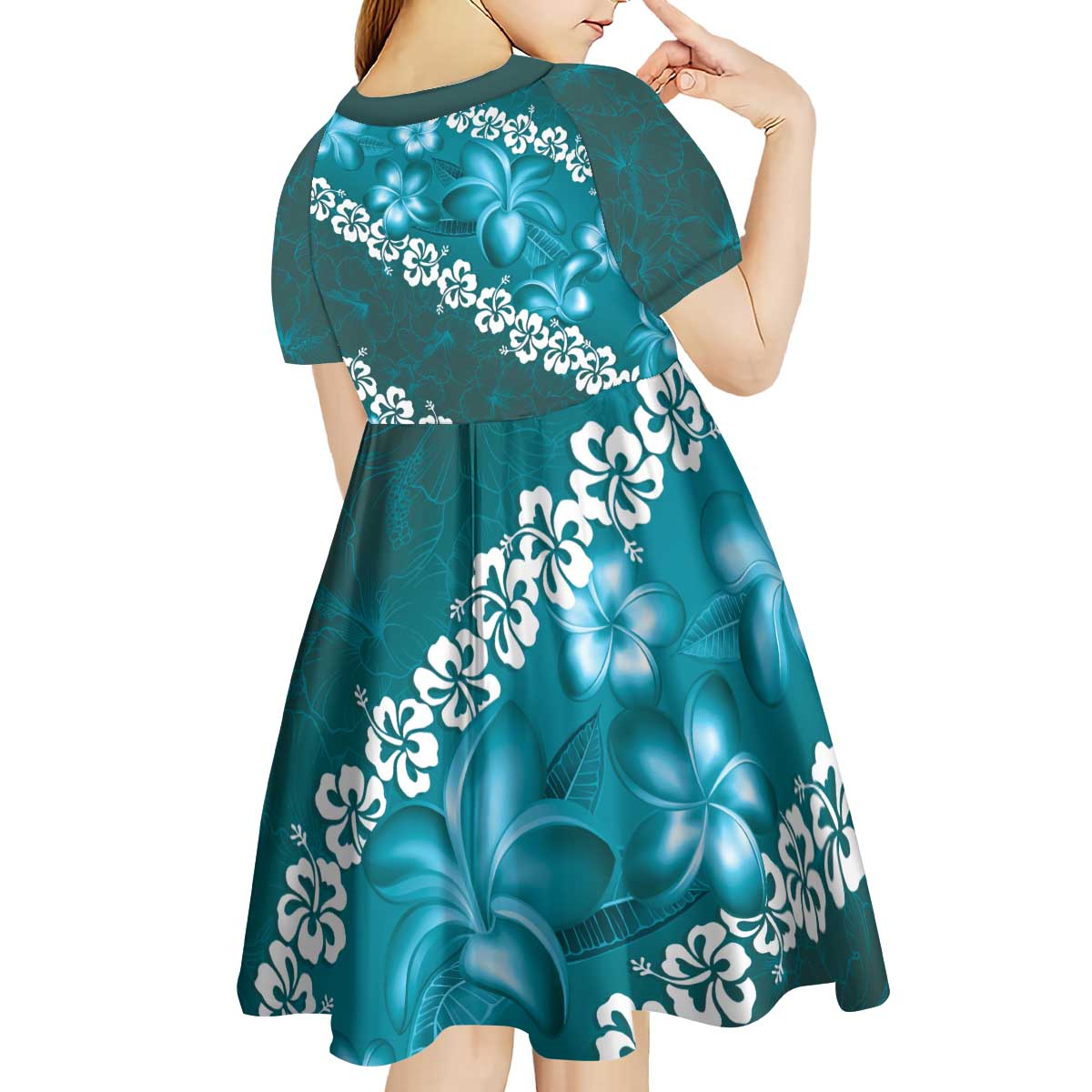 Vintage Dark Cyan Polynesia Kid Short Sleeve Dress Plumeria With Hibiscus Tropical Vibes