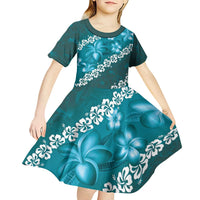 Vintage Dark Cyan Polynesia Kid Short Sleeve Dress Plumeria With Hibiscus Tropical Vibes